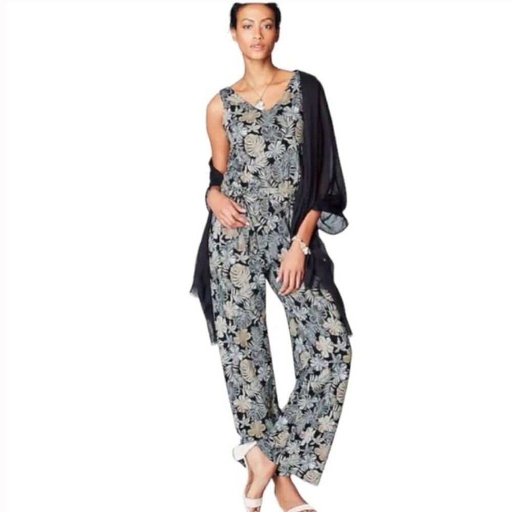 J Jill Wearever Collection Sleeveless Wide Leg Belted Jumpsuit Medium Floral